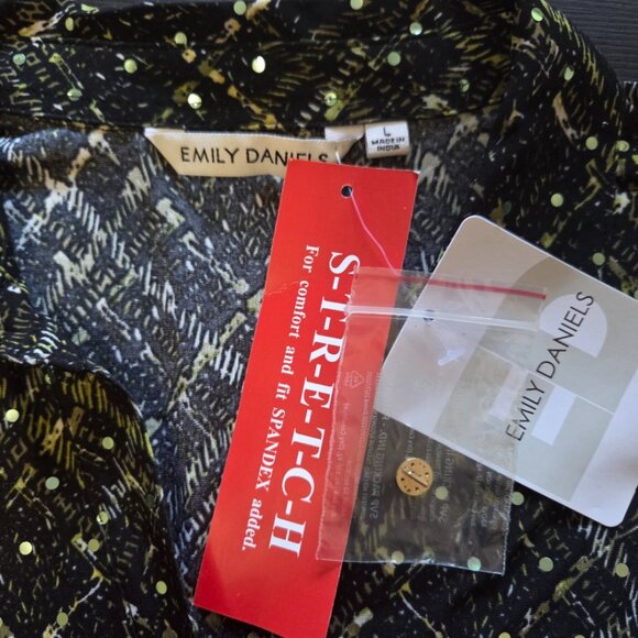 NWT Emily Daniels Green & Black Blouse with Placket Sleeve Tiny Sequins (L) - Picture 6 of 9
